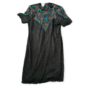 Vintage 80s JMC Silk Beaded Cocktail Dress Art Deco Hand Beaded Plus Size 1X